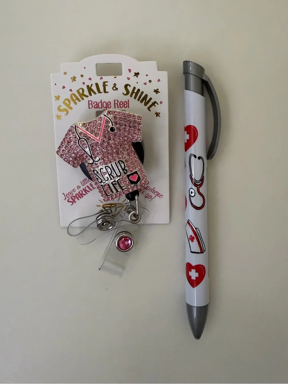 Gift Bundle SCRUB LIFE PINK Rhinestone Clip-on ID or Key Holder Nurse print Pen